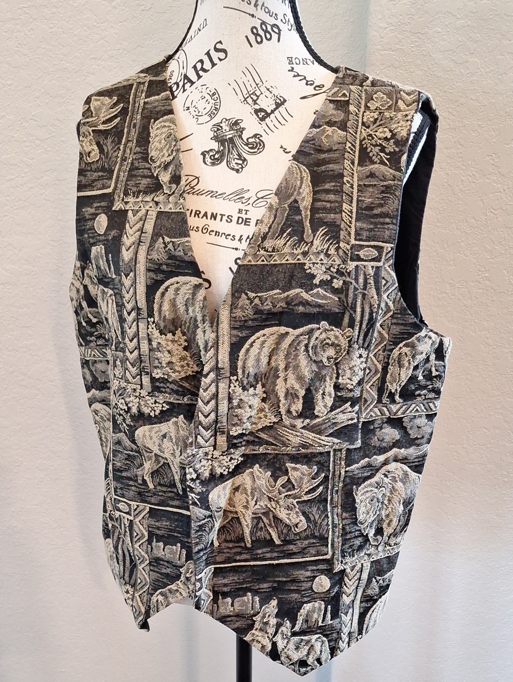 Vintage Wilderness Animal Postcard Print open front Vest Black & Tan Size XL